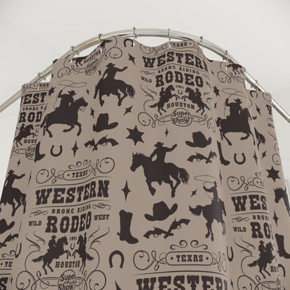 Western Rodeo Pattern Shower Curtain — Cowboy Boots, Hats & Horse Silhouettes