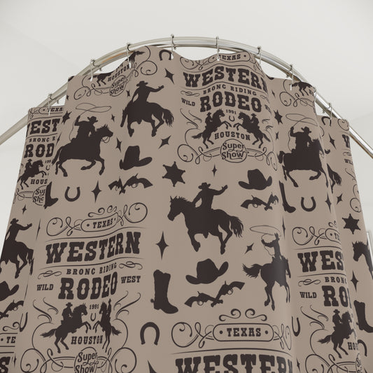 Western Rodeo Pattern Shower Curtain — Cowboy Boots, Hats & Horse Silhouettes