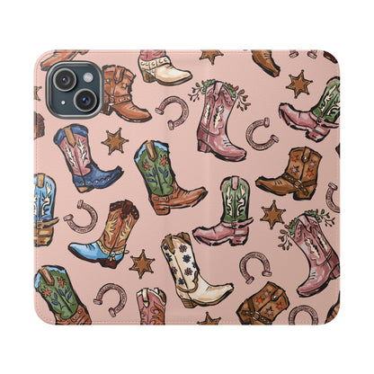 Western Boots Flip Wallet Phone Cases Pink