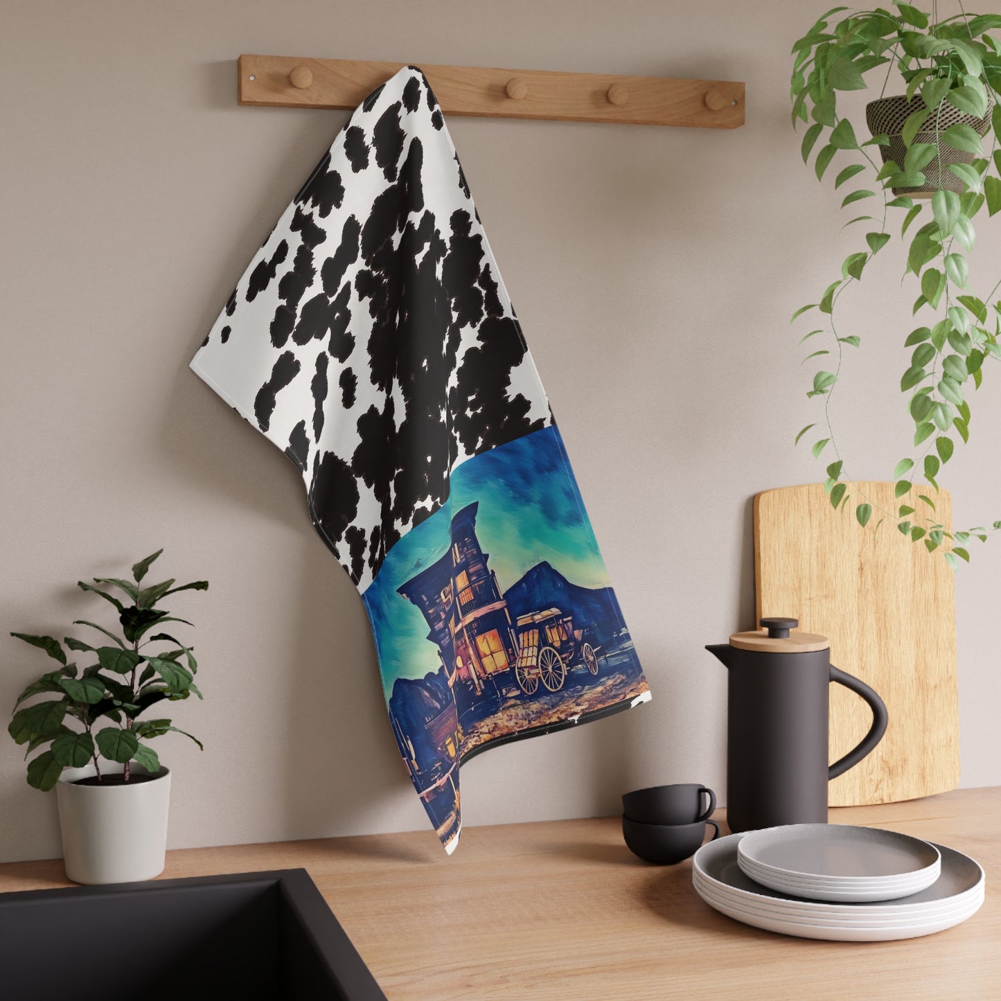 Cowhide Saloon Tea Towel — Western Saloon Kitchen Towel with Vintage Wagon Design
