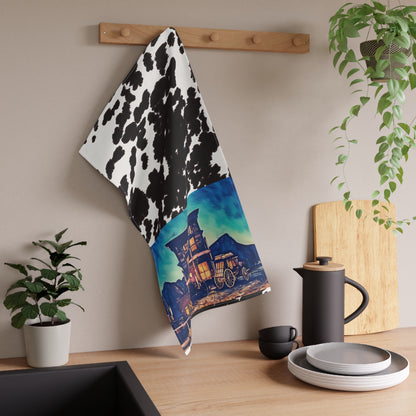 Cowhide Saloon Tea Towel — Western Saloon Kitchen Towel with Vintage Wagon Design