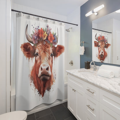 Floral Cow Shower Curtain - Rustic Farmhouse Decor, Bohemian Bathroom, Gift for Cow Lovers, Animal Lover Home Decor