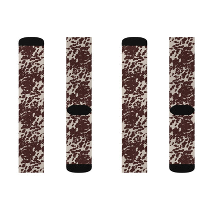 Brown Cowhide Pattern Sublimation Socks — Animal Print Crew Socks