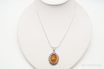 Vintage Large Amber Sterling Silver Adjustable Chain Necklace