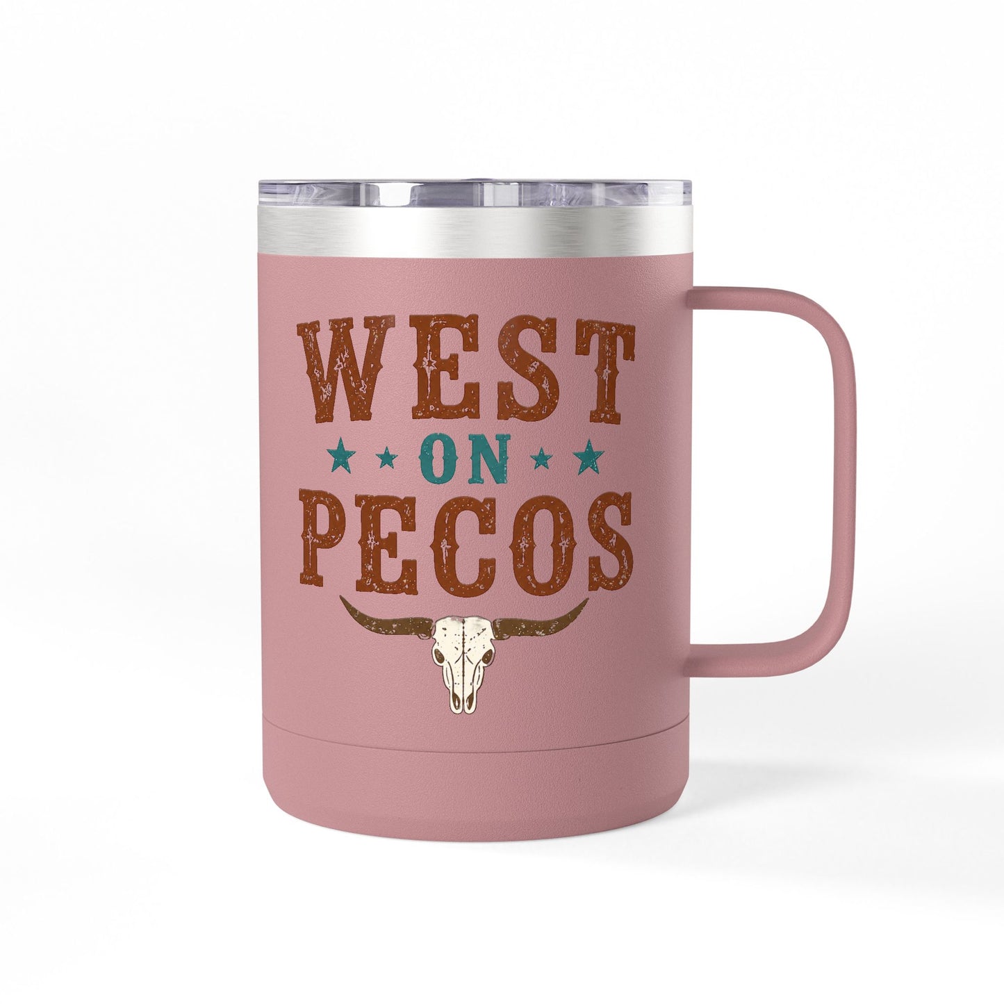 Western West on Pecos Coffee Mug — 15oz Rancher Travel Tumbler (No-Spill)