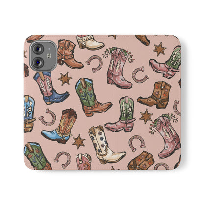 Western Boots Flip Wallet Phone Cases Pink