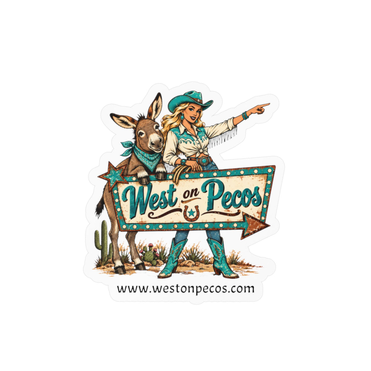 West on Pecos Cowboy Sticker — Kiss-Cut Vinyl Decal with Cowgirl & Donkey