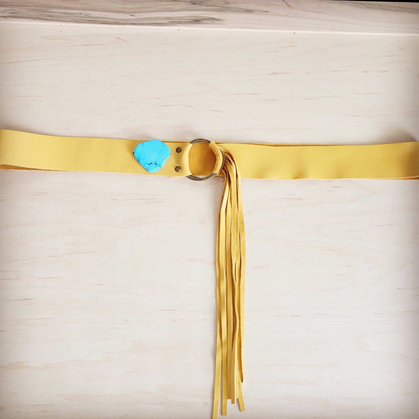 Mustard Leather Belt with Leather Fringe Closure and Turq Slab 908u