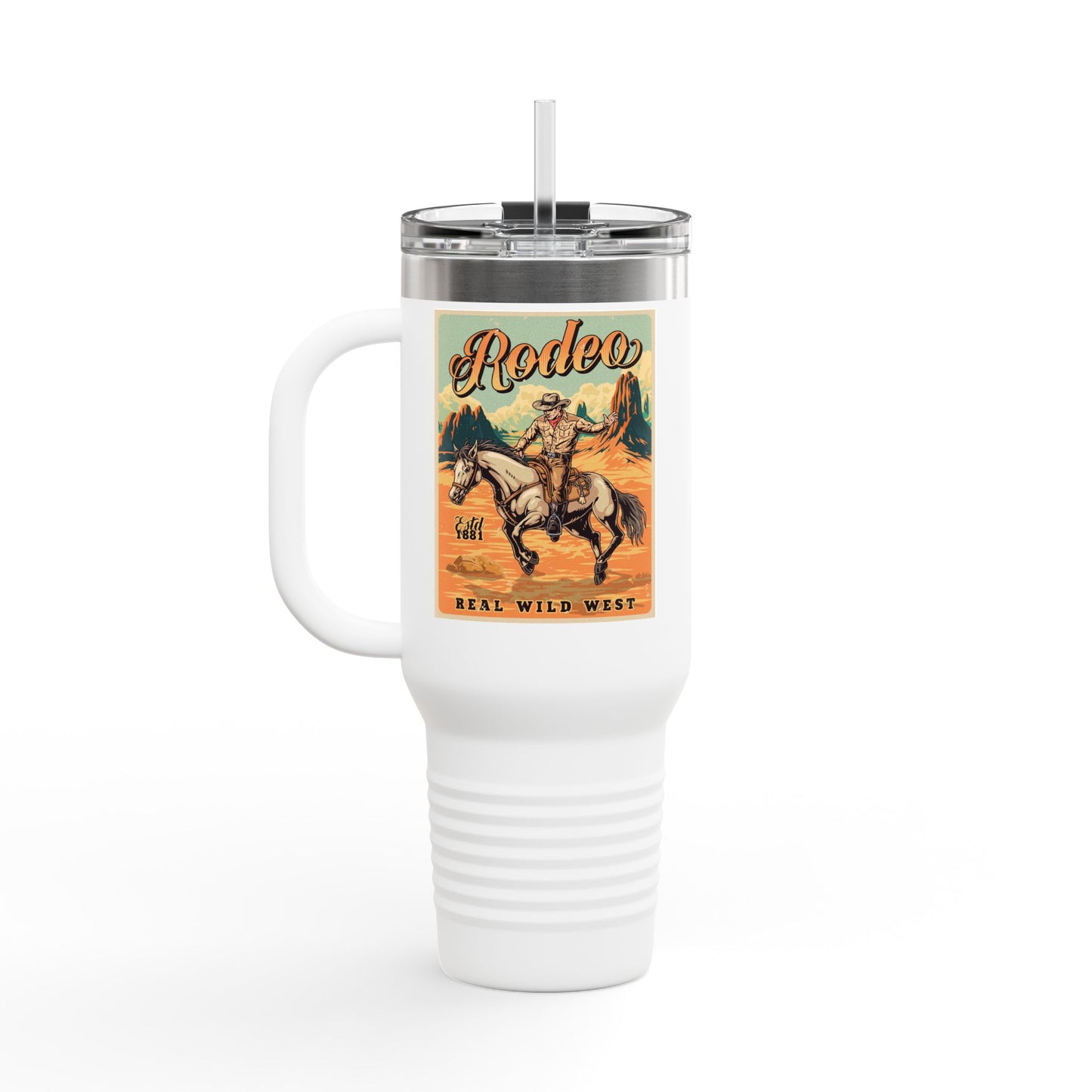 Rodeo Cowboy 40oz Insulated Travel Mug — Wild West Horseback Design