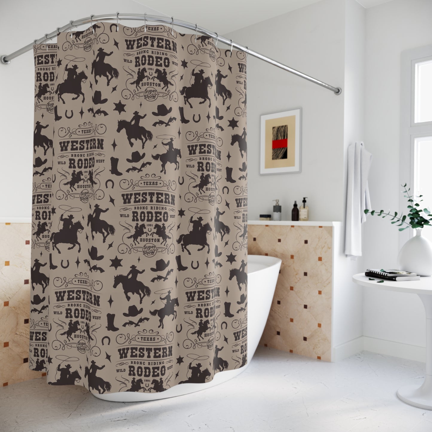 Western Rodeo Pattern Shower Curtain — Cowboy Boots, Hats & Horse Silhouettes