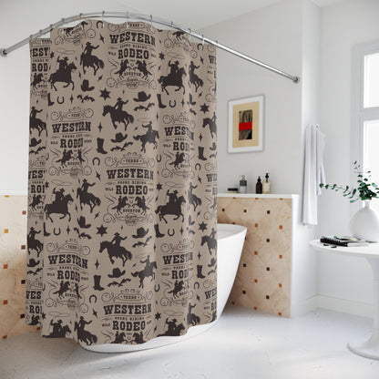 Western Rodeo Pattern Shower Curtain — Cowboy Boots, Hats & Horse Silhouettes