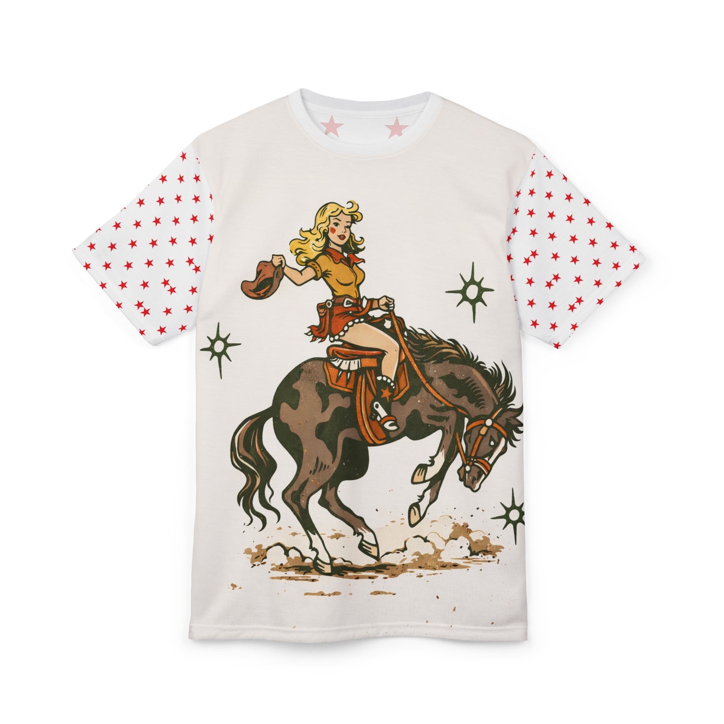 Cowgirl Retro Rodeo Tee — Vintage Bucking Bronco All-Over Print Shirt