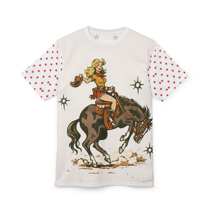 Cowgirl Retro Rodeo Tee — Vintage Bucking Bronco All-Over Print Shirt