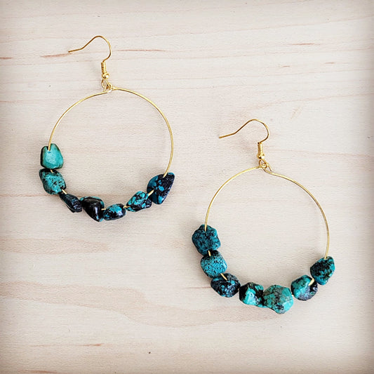 Beaded Hoop Earrings- Genuine Natural Turquoise Stones 200bi