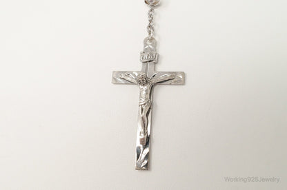Vintage Crystal Beaded Rosary Cross Sterling Silver Necklace