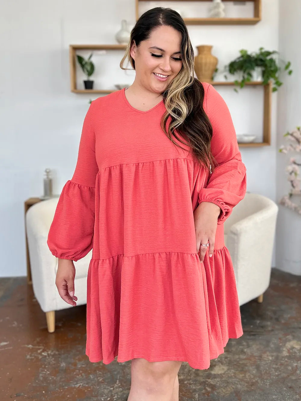 Garden Naked Women's Casual Dress Babydoll Tiered Dress with Pockets Long Sleeve Ruffle Hem Soft Cotton Blend Loose Fit