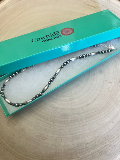 Sterling Silver Torpedo Bead Necklace with 5mm & 6mm Sterling Pearl Accents — 15 inch (Made in USA)