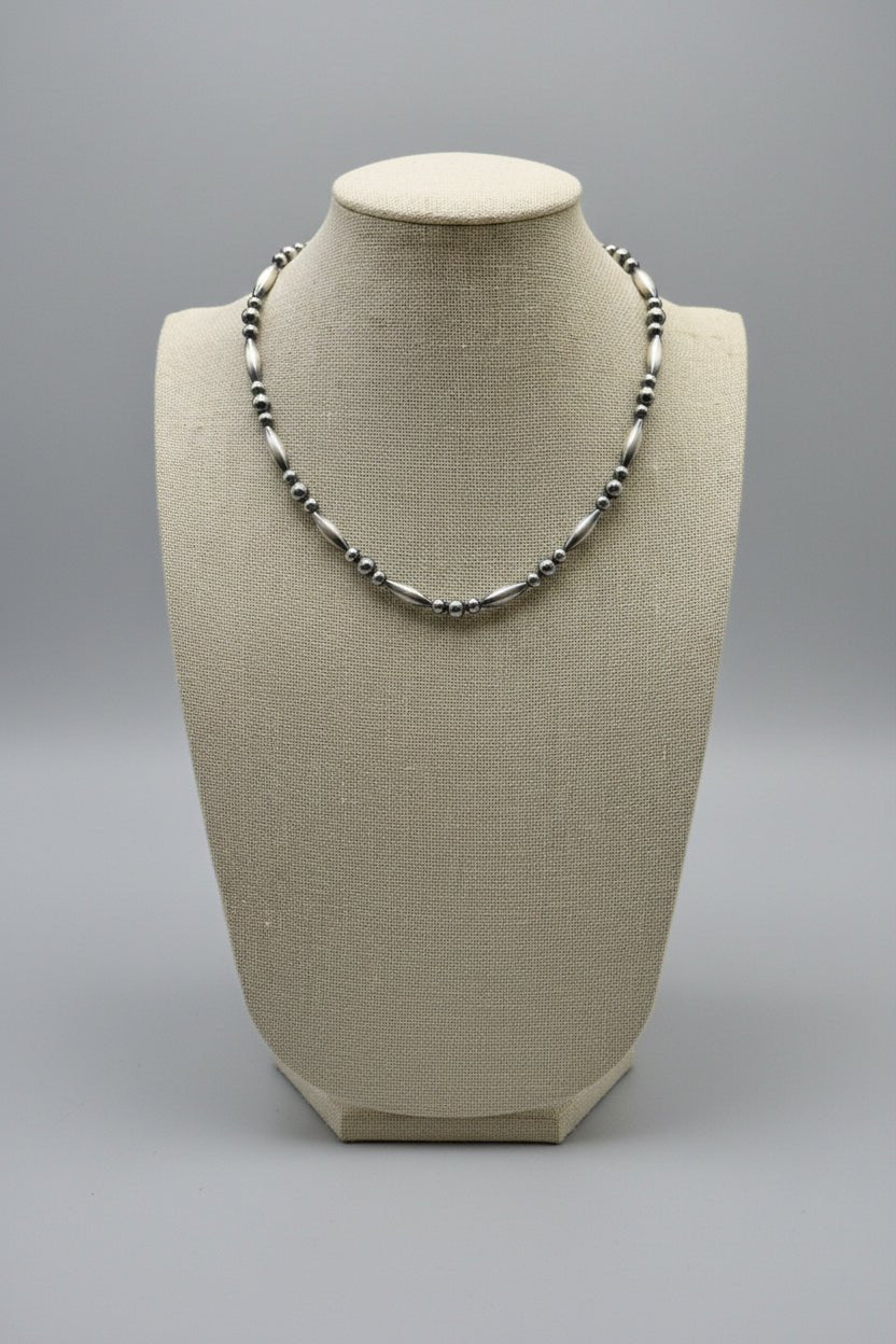 Sterling Silver Torpedo Bead Necklace with 5mm & 6mm Sterling Pearl Accents — 15 inch (Made in USA)