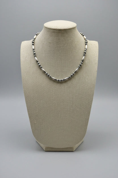 Sterling Silver Torpedo Bead Necklace with 5mm & 6mm Sterling Pearl Accents — 15 inch (Made in USA)