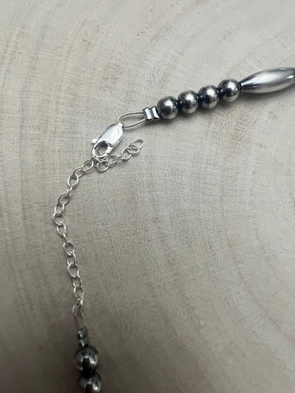 Sterling Silver Torpedo Bead Necklace with 5mm & 6mm Sterling Pearl Accents — 15 inch (Made in USA)