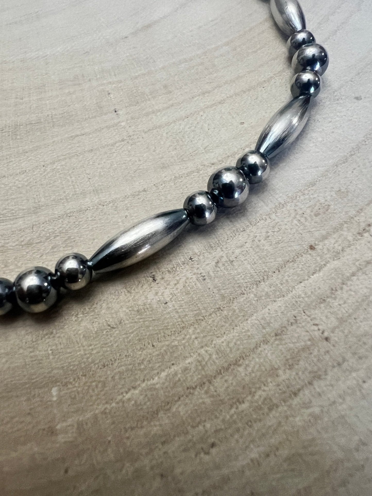 Sterling Silver Torpedo Bead Necklace with 5mm & 6mm Sterling Pearl Accents — 15 inch (Made in USA)