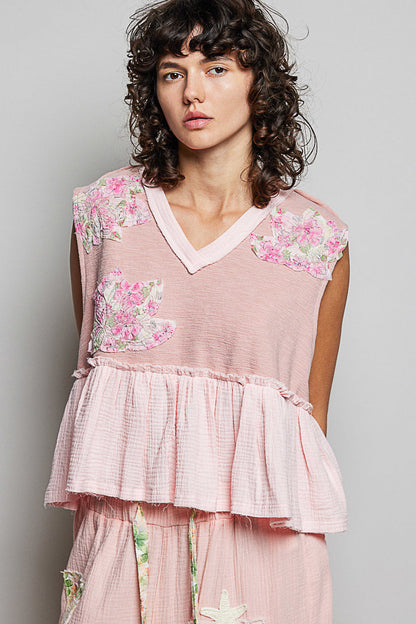 POL Floral Patch Ruffled Sleeveless Top with Raw Edge Detail