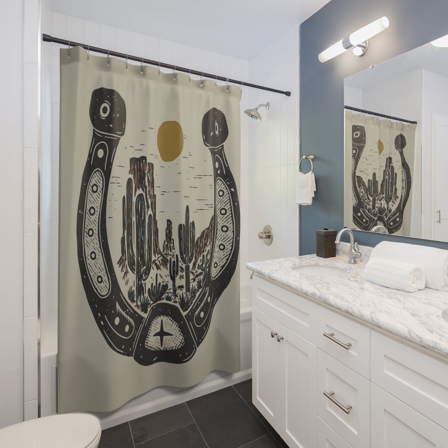 Desert Horseshoe Shower Curtain – Western Cactus Landscape Bathroom Decor