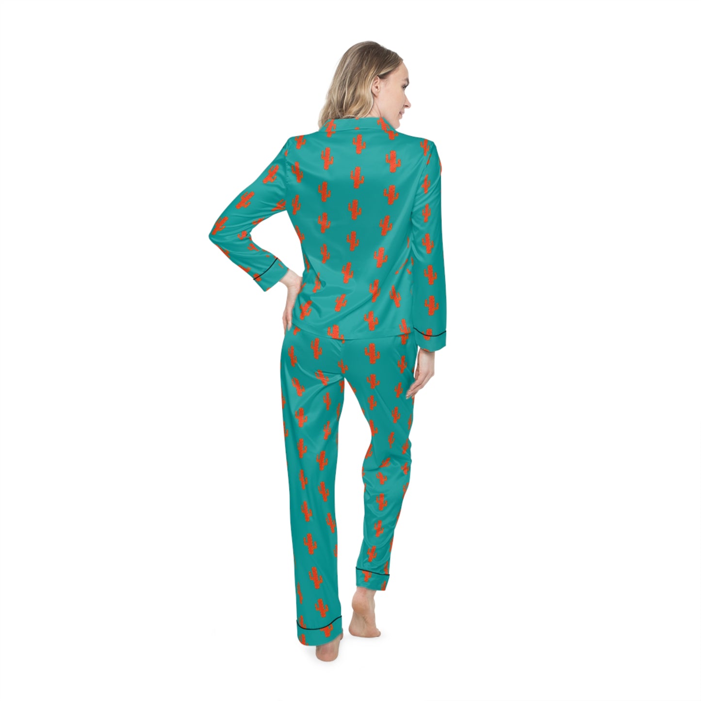 Women's Satin Pajama Set — Teal Retro Cat Pattern Loungewear