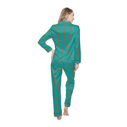 Women's Satin Pajama Set — Teal Retro Cat Pattern Loungewear