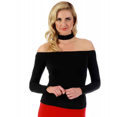 Off the Shoulder Long Sleeve Choker Top 153492