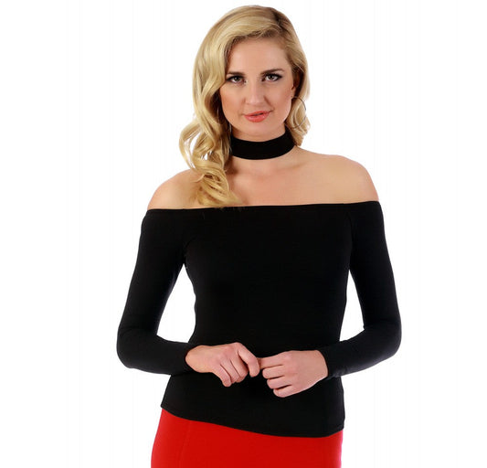 Off the Shoulder Long Sleeve Choker Top 153492