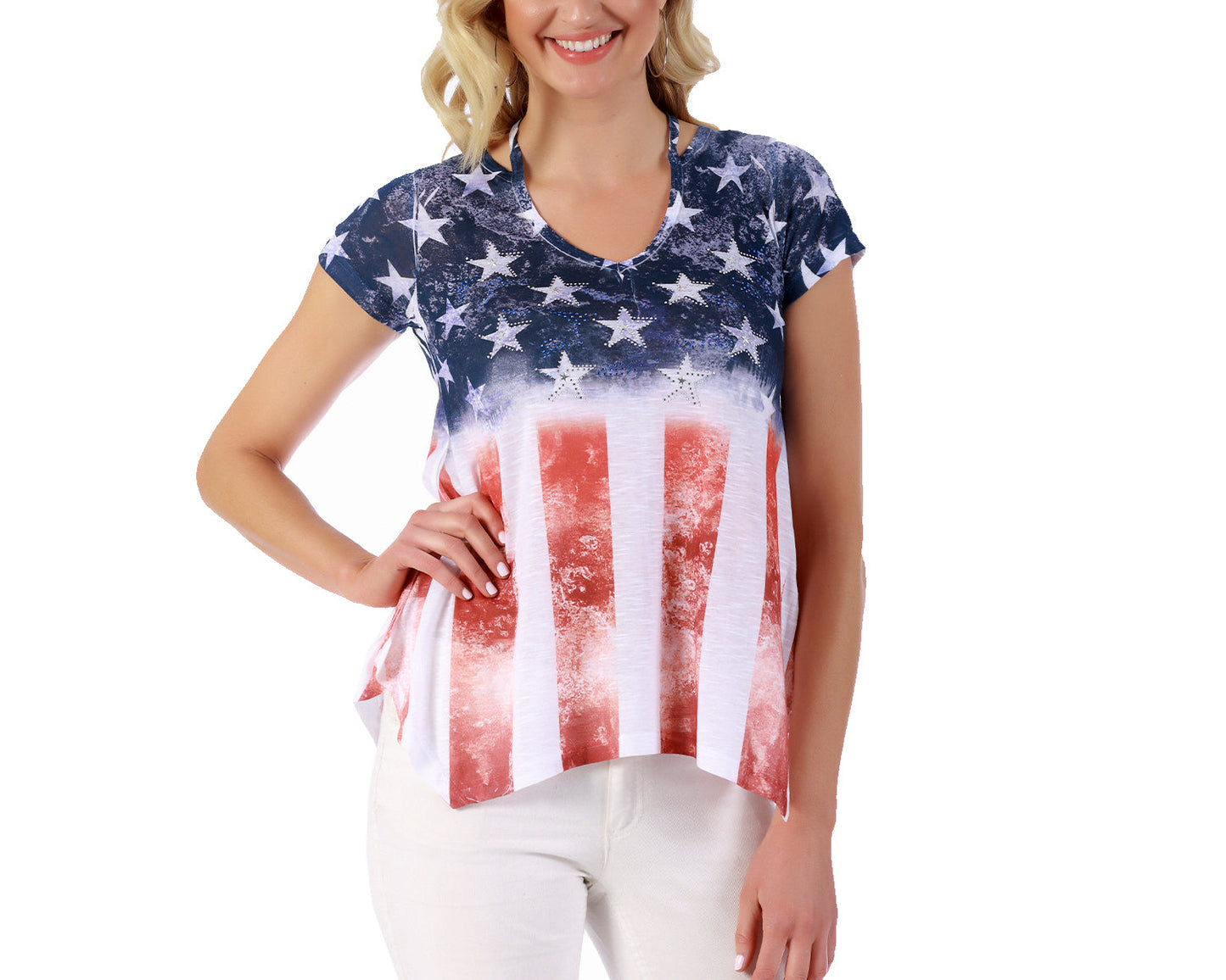 American Flag V-Neck Top with Cap Sleeves - 153707