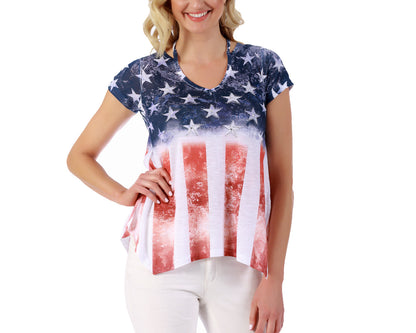 American Flag V-Neck Top with Cap Sleeves - 153707