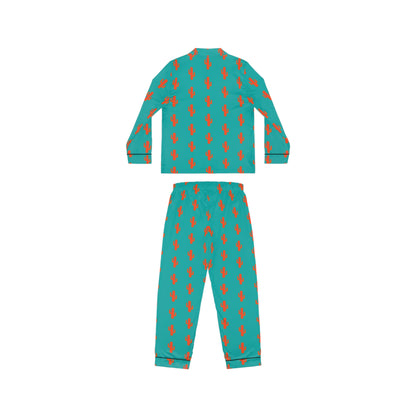 Women's Satin Pajama Set — Teal Retro Cat Pattern Loungewear