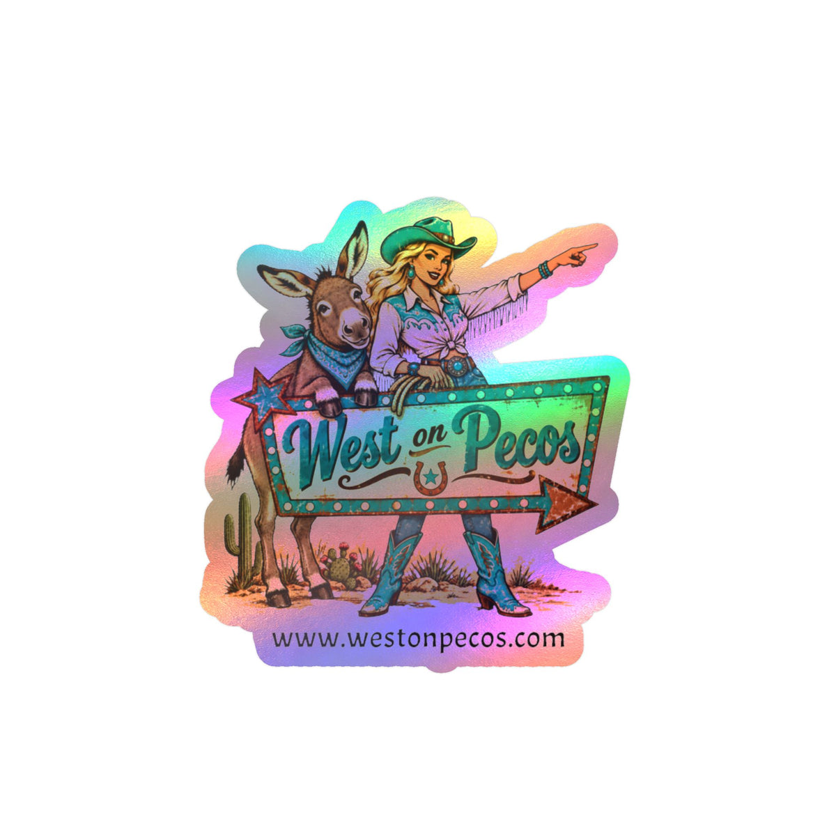 West on Pecos Cowboy Sticker — Kiss-Cut Vinyl Decal with Cowgirl & Donkey