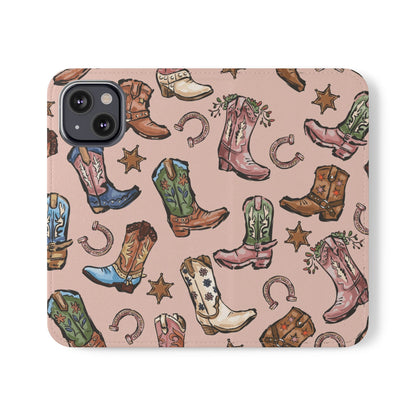 Western Boots Flip Wallet Phone Cases Pink