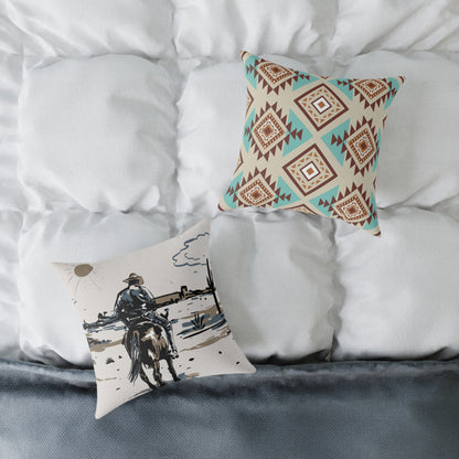 Western-Themed Square Poly Canvas Pillow - Rustic Cowboy and Tribal Pattern Decor