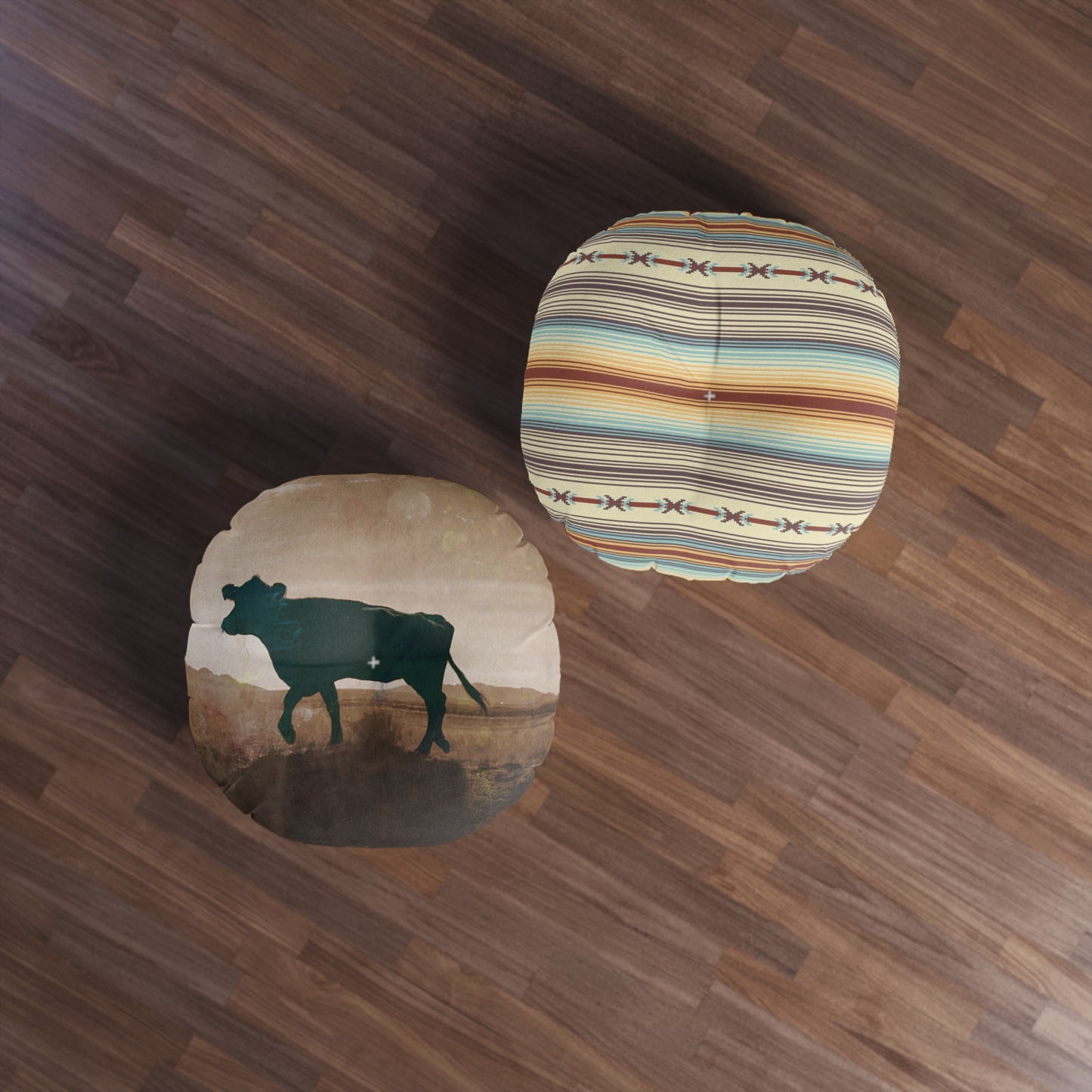 Western Round Tufted Floor Pillow — Southwestern Stripe or Cowhide Pattern