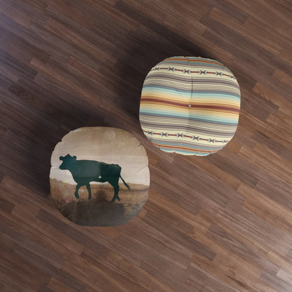 Western Round Tufted Floor Pillow — Southwestern Stripe or Cowhide Pattern