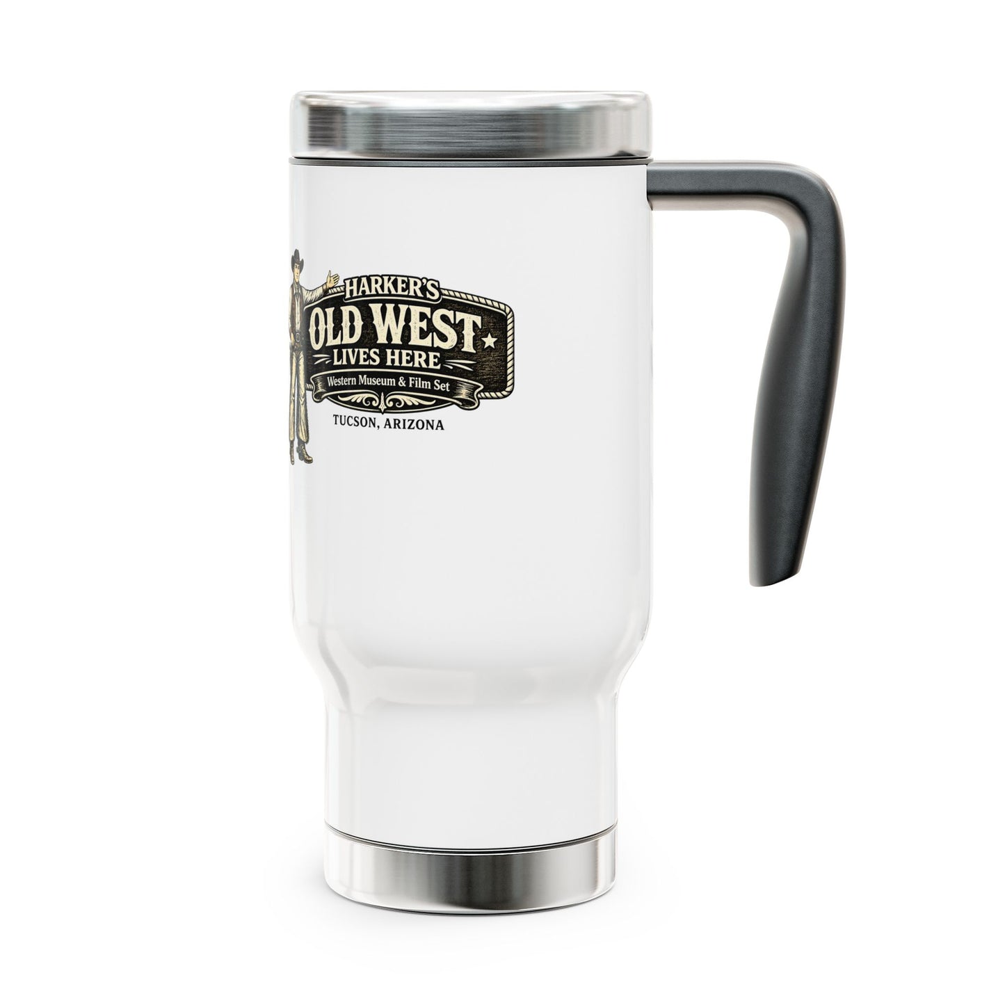 Harker's Old West Cowboy Travel Mug - 14oz Stainless Steel Tumbler with Handle