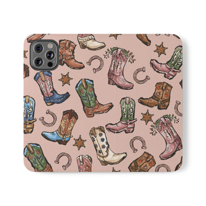 Western Boots Flip Wallet Phone Cases Pink