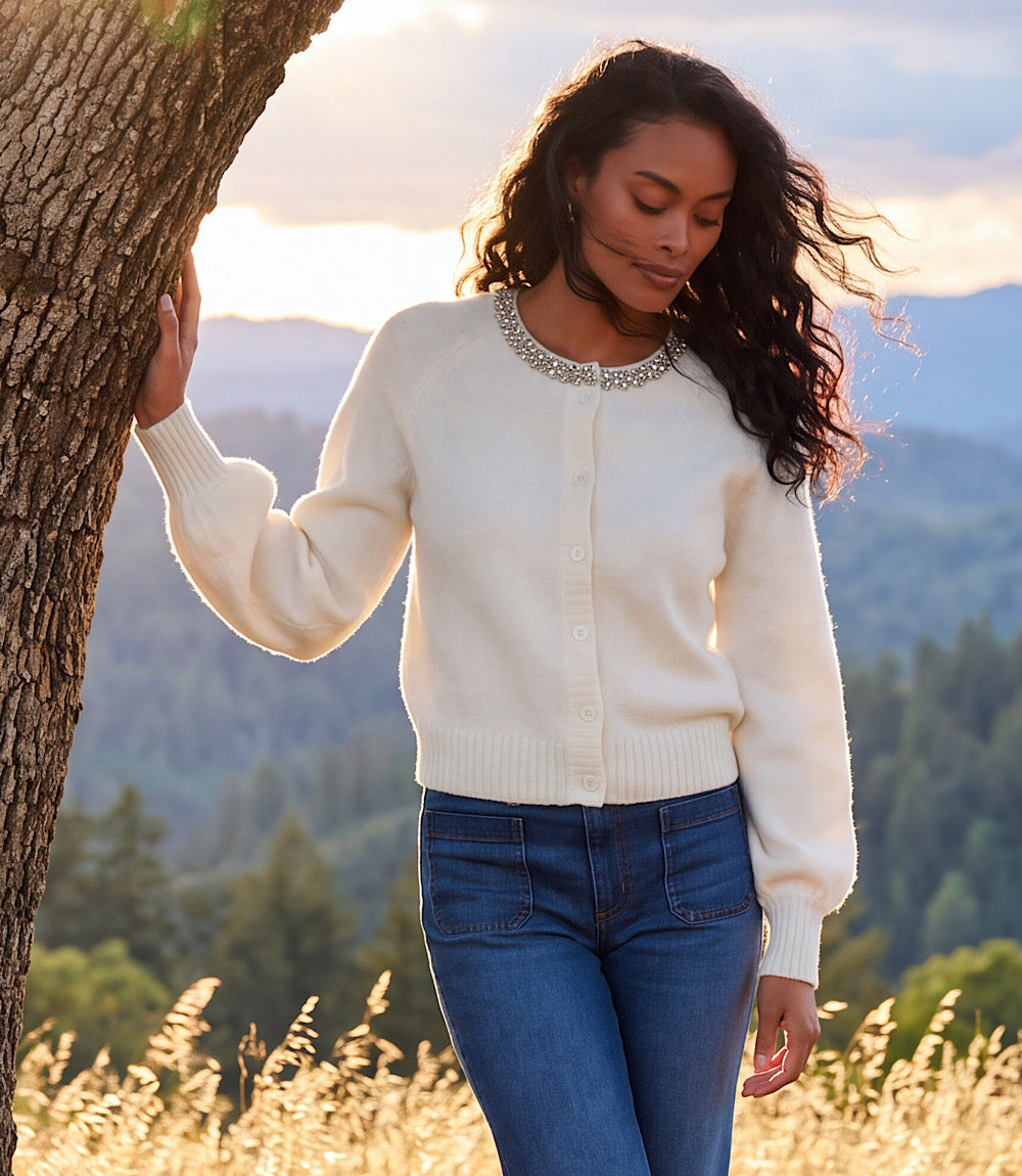 Embellished Crewneck Cardigan Sweater