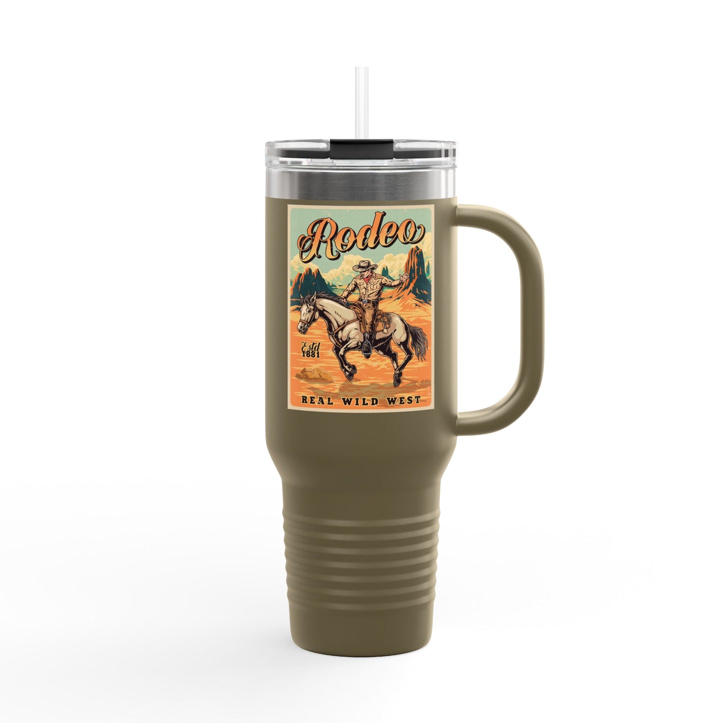 Rodeo Cowboy 40oz Insulated Travel Mug — Wild West Horseback Design