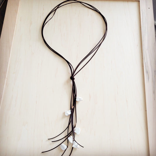 Dark Brown Boho Knotted Leather Cord Necklace w/ Pearls 263w
