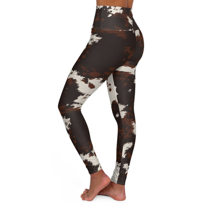 Cowhide Print High-Waist Yoga Leggings — Brown & White Abstract Animal Pattern