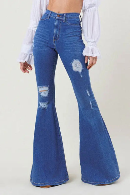 Sleek High Rise Distressed Flare Jeans - 35.5" Inseam