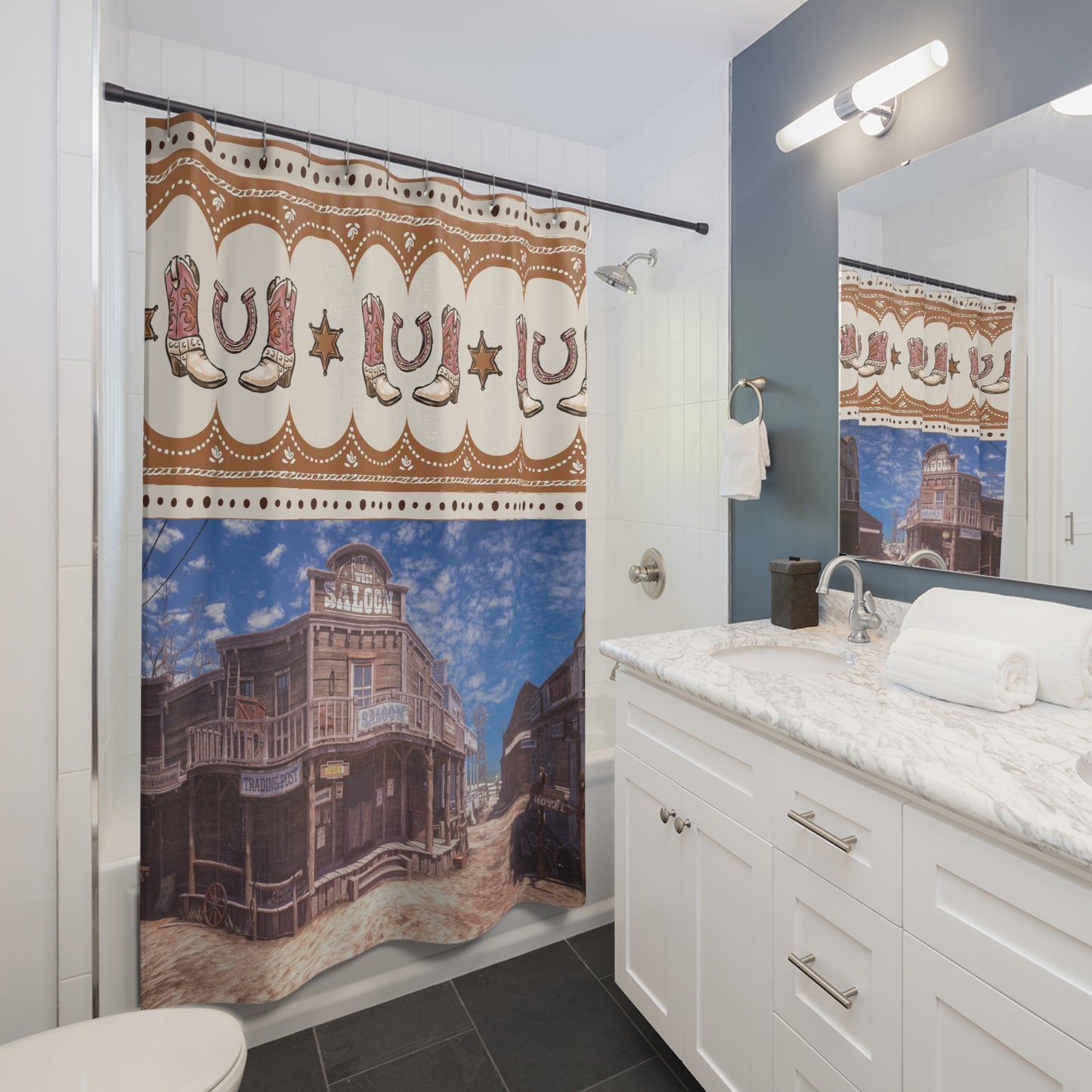 Western Saloon Shower Curtain – Cowboy Boots, Horseshoe & Old Town Bathroom Decor