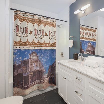 Western Saloon Shower Curtain – Cowboy Boots, Horseshoe & Old Town Bathroom Decor