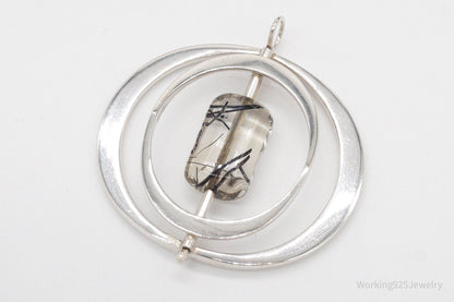 Large Vintage Black Rutilated Quartz Modernist Silver Necklace Pendant