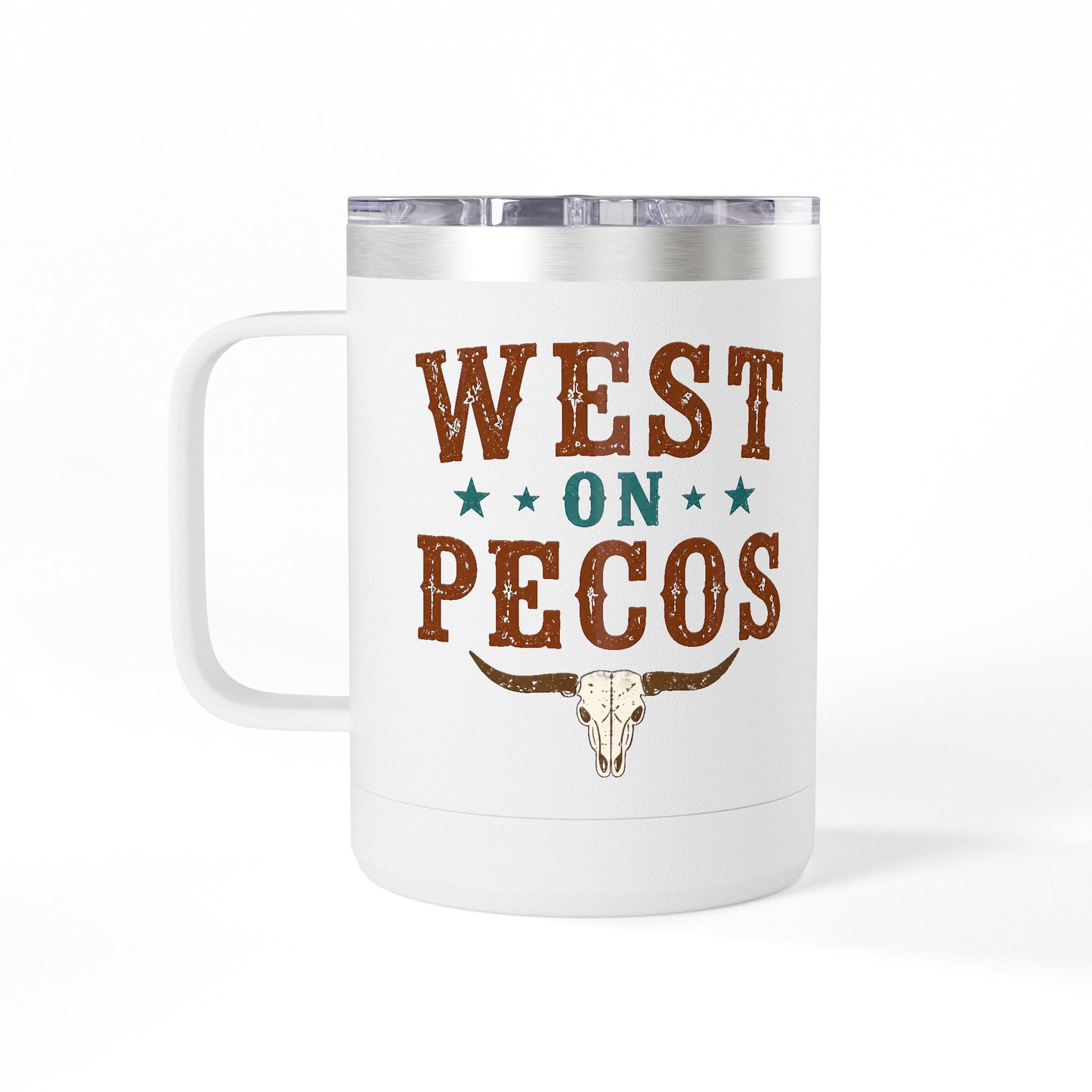Western West on Pecos Coffee Mug — 15oz Rancher Travel Tumbler (No-Spill)